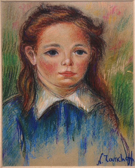 NICOLAS TARKHOFF, Russian 1871-1930, "Young Girl I: NICOLAS TARKHOFF, Russian 1871-1930, "Young Girl In A Blue Sweater", crayon on heavy paper 7 ½" x 6", signed lower right, framed