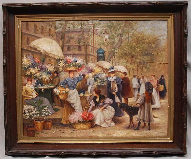 Attributed to Francisco Miralles Galup (SPANISH, 1: Attributed to Francisco Miralles Galup (SPANISH, 1848-1901) oil on panel, "Flower Vender" sll, 19"x24"