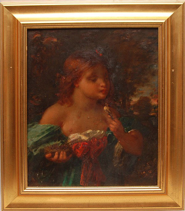 19th Century Continental School oil on board, girl: 19th Century Continental School oil on board, girl w/ bird, no visible signature, 16"x12-1/2"