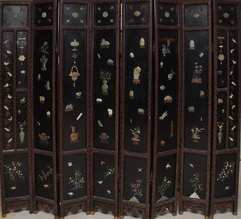 Chinese Laquered Carved 8 Panel Screen with Jades: Chinese Laquered & Carved 8 Panel Screen 20th Century with applied jade and hard stones, 8'w x 7.3' h