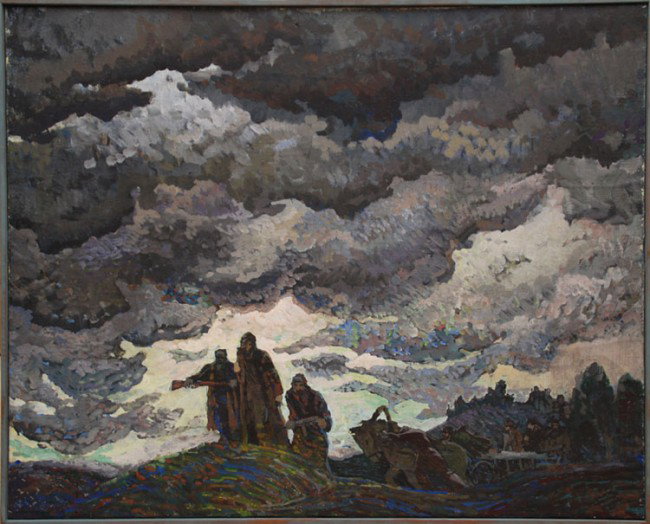 Russian/Ukrainian Painting by Yurii Aleksandrochki: Russian/Ukrainian Painting by Yurii Aleksandrochkinn, oil on canvas, men working the field, titled "On Route" 31"x39"