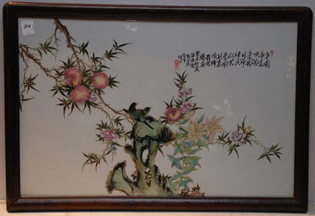 Chinese porcelain hand painted plaque in wood fram: Chinese porcelain hand painted plaque in wood frame, 23"h x 15"w