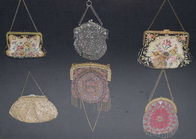 6 framed antique purses, incl; 2 beaded, 2 needle: 6 framed antique purses, incl; 2 beaded, 2 needlepoint , 2 others, 33"w x 27"h
