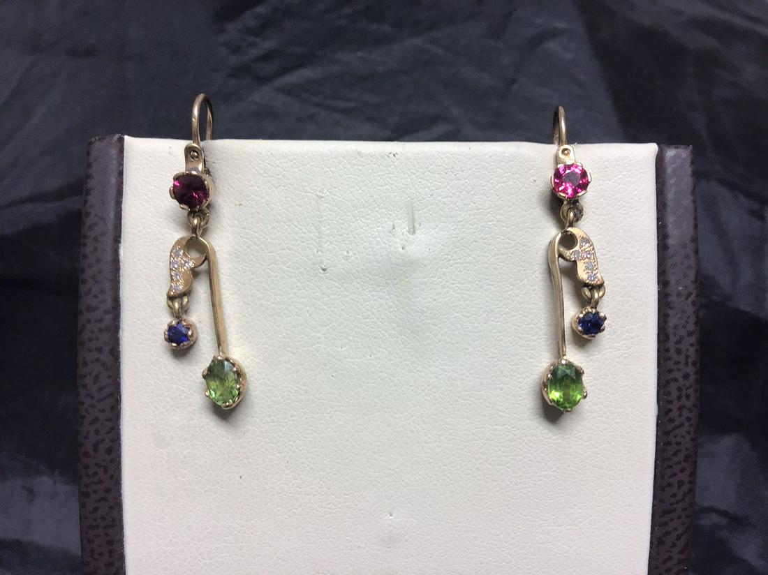 Russian Antique gold ruby diamond earrings Beautiful: Russian Antique gold ruby diamond earrings Beautiful Antique Russian Gold sapphire ruby demantoid garnet Diamond earrings stamped 56 and maker marks