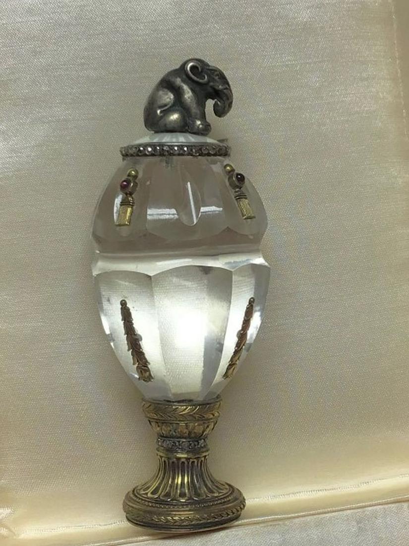 Russian Antique silver Chrystal SealRussian Carved Rock: Russian Antique silver Chrystal SealRussian Carved Rock Crystal and Gilt 88 Silver Seal with Elephant Finial Accented with Guilloche Enamel Cabochon Rubies and Rose Cut Diamonds. Stamped 88 and maker