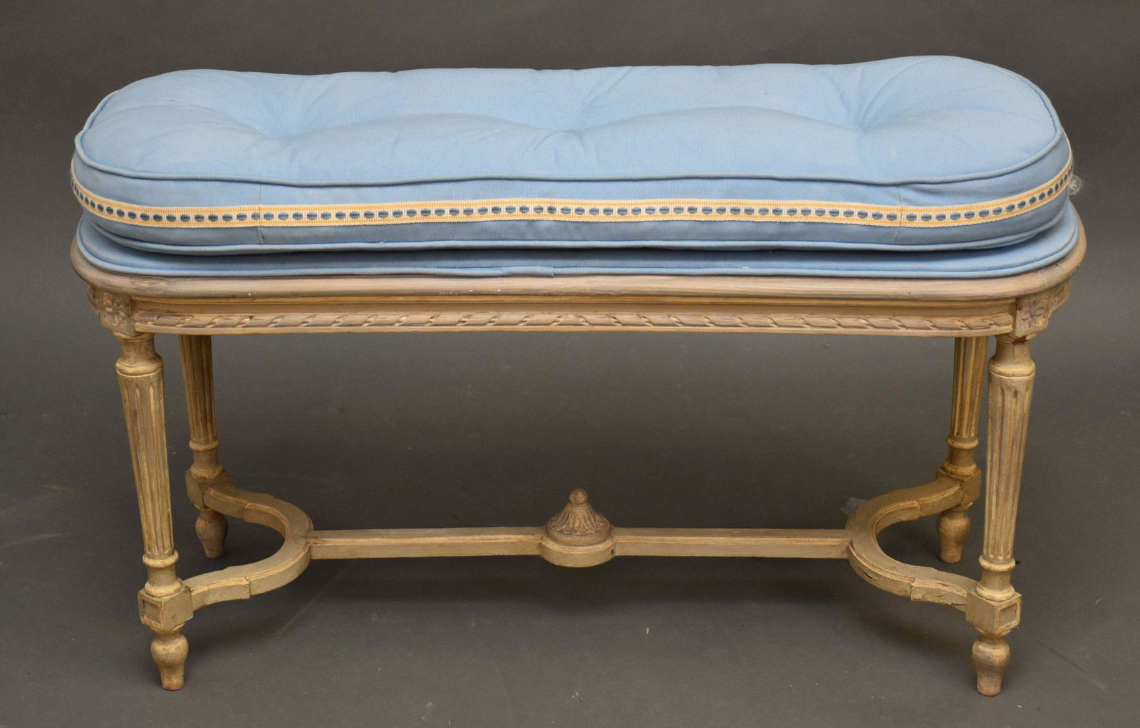 Diminutive Oval Boudoir Bench with Blue Cushion, 24"h x (1 of 5)