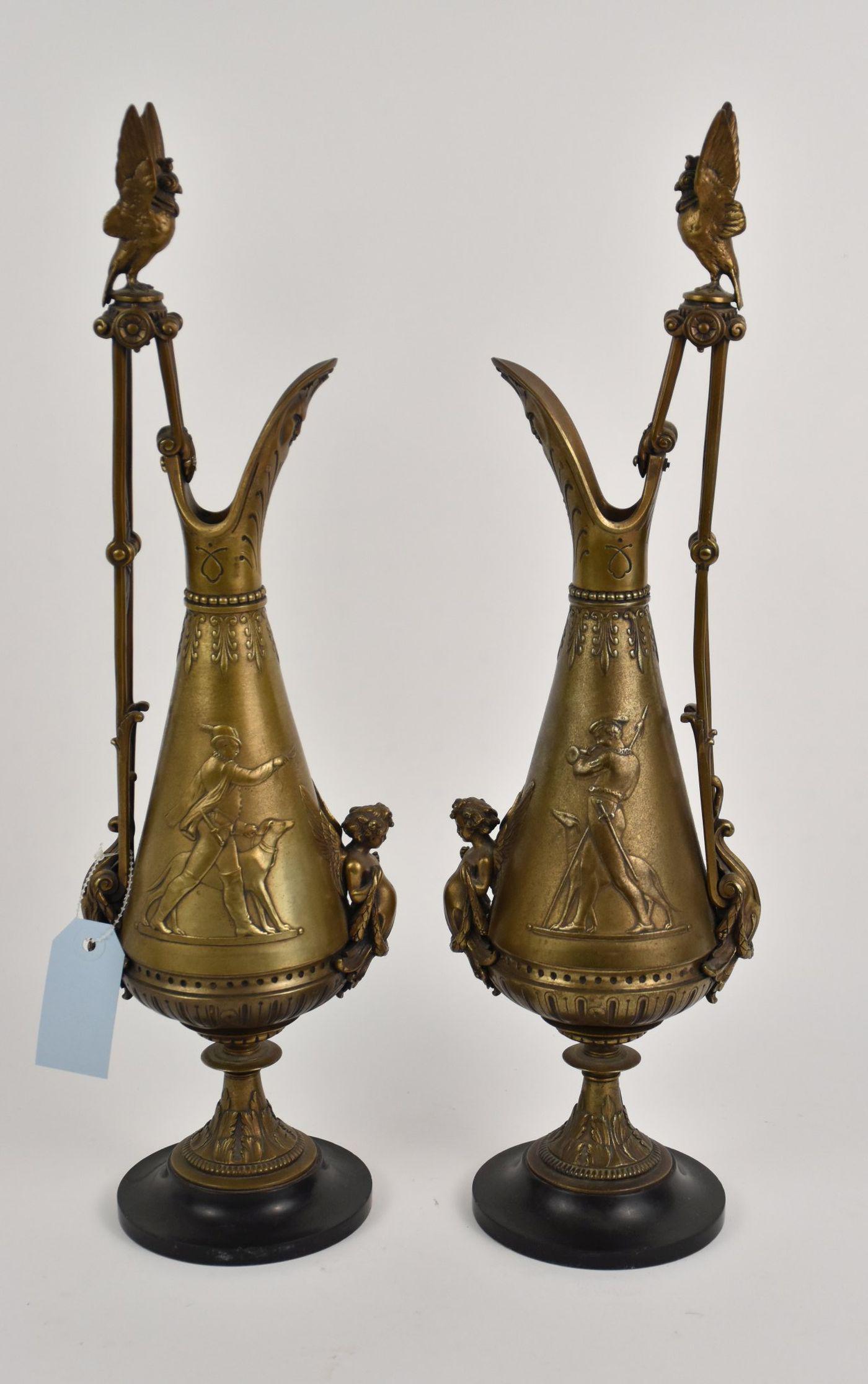 Pair Vintage Bronze Ewers with Winged Bird & Cherub on (1 of 9)