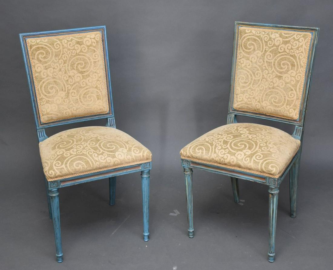 Pair French Style Side Chairs, Blue Frame, Cut Velvet (1 of 10)