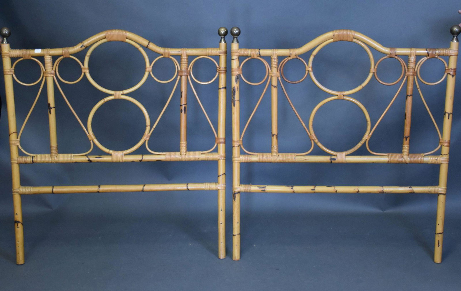 Pair Bamboo Twin Headboards with Brass Finials. 42" h x: Pair Bamboo Twin Headboards with Brass Finials. 42" h x 39" w