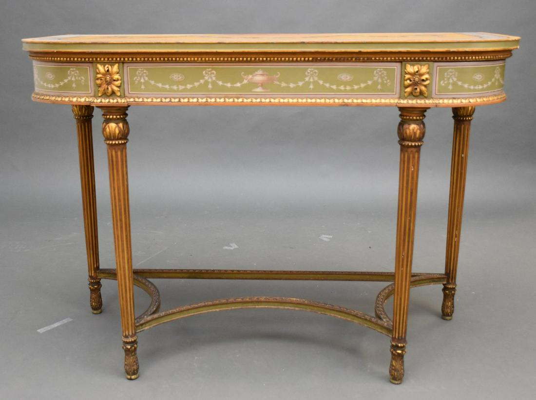 Demilune Table with Hand Painted Floral Garland on: Demilune Table with Hand Painted Floral Garland on Surface, Carved Beaded Stretcher Base, 30"h x 43"w x 20"d