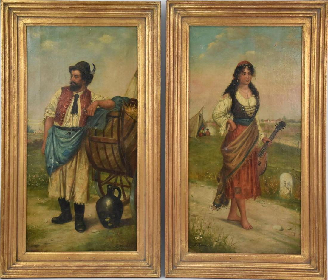 19th Century oil signed L. Kovacs, Hungarian School,: 19th Century oil signed L. Kovacs, Hungarian School, Pair oil on canvas, Male and Female Gypsy. 21 x 10-1/2 inches