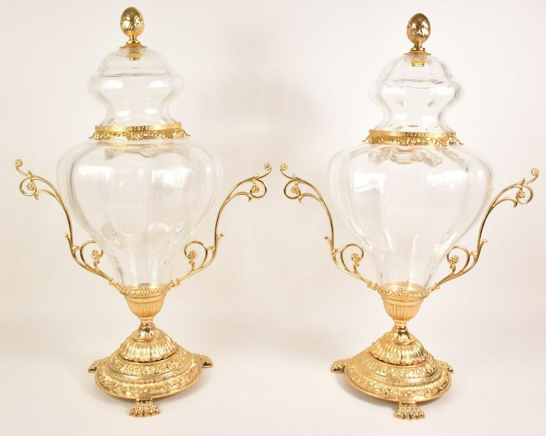 Pair Gilt Bronze & Crystal Urns with Lids.  Condition: (1 of 6)