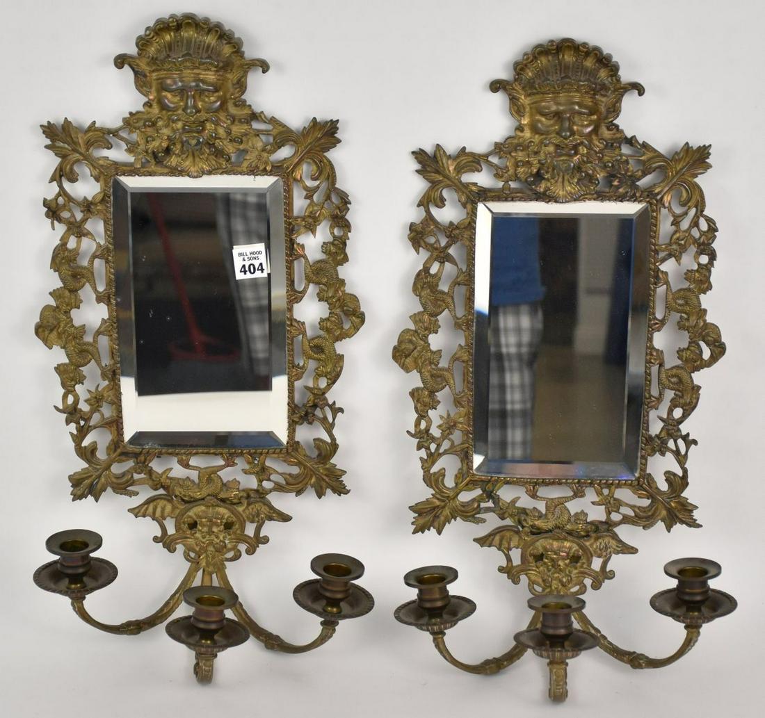 PAIR ITALIAN BRONZE FIGURAL 2 LIGHT MIRRORED SCONCES. (1 of 8)