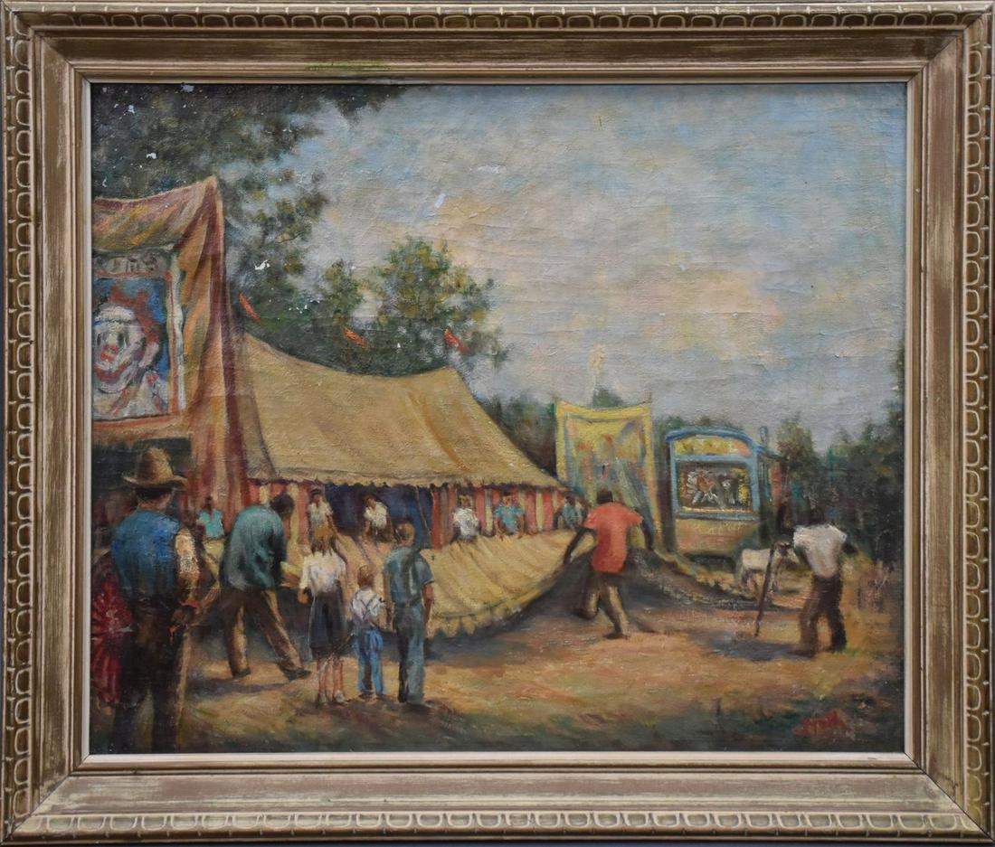 Southern School signed illegibly, Circus Scene oil (1 of 5)