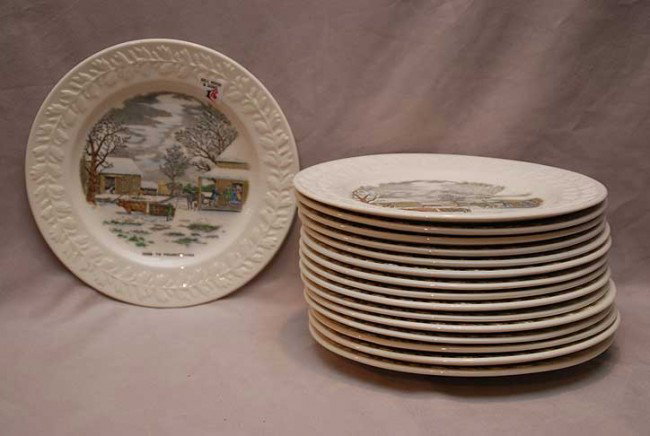 16 pictorial dinner plates by "N. Currier, Adams" 10: 16 pictorial dinner plates by "N. Currier, Adams" 10 1/2" diameter