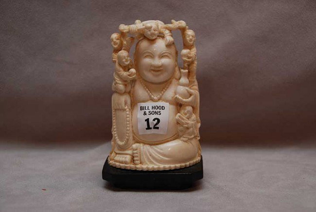 Ivory carving of buddha, (as is the little guy on h: Ivory carving of buddha, (as is the little guy on his head has broken foot), 5 1/4"h