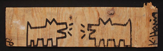 KEITH HARING (Amer 1959-1990) Found Object, ORIGIN: KEITH HARING (Amer 1959-1990) Found Object, ORIGINAL DRAWING on plywood, signed & dated '86, "Barking Dogs", 6-1/4"x24"