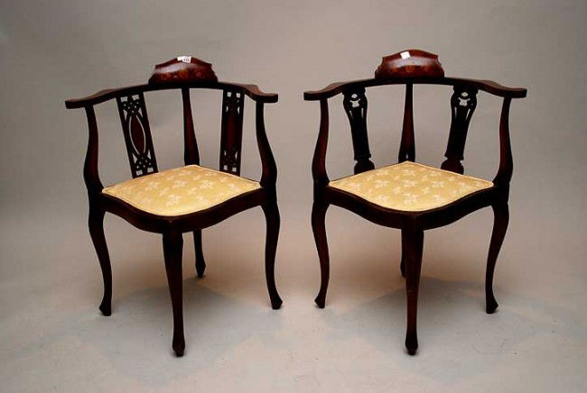 Two 19th c. marquetry English corner chairs, 31"h: Two 19th c. marquetry English corner chairs, 31"h x 25"w x 22"d