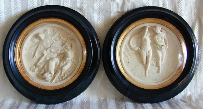 PR 19THC ENGLISH PARIAN WARE ALLEGORICAL PLAQUES 7: PR 19THC ENGLISH PARIAN WARE ALLEGORICAL PLAQUES 7.25" RONDELA pair of 19thc English Parian Ware plaques designed and executed by Robert Jefferson Lambeth for the Art-Union of London, one titled: "The
