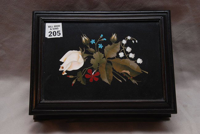19th c. Pietra Dura jewelry casket, 2 3/4"h x 9 1: 19th c. Pietra Dura jewelry casket, 2 3/4"h x 9 1/2"w x 7"d