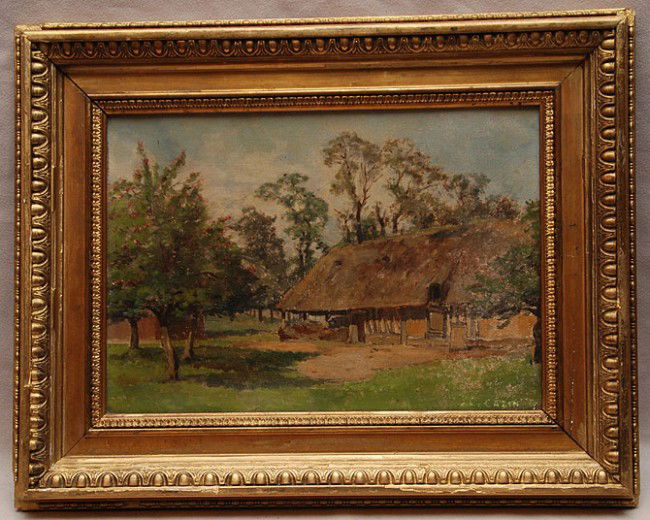 Jean Charles Cazin (French 1841-1901),"French Lan: Jean Charles Cazin (French 1841-1901),"French Landscape", oil on original French artist board and old label, size 7-1/2"-10-1/2", signed lower right, old antique frame