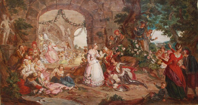 Felix Vezzani (Italian 1855-1930), ENGAGEMENT PART: Felix Vezzani (Italian 1855-1930), ENGAGEMENT PARTY FOR THE PRINCESS AND HER KNIGHT, Oil on canvas, signed and indistinctly dated 1904 lower left17.75" x 32.00", 45.10 cm x 81.30 cm