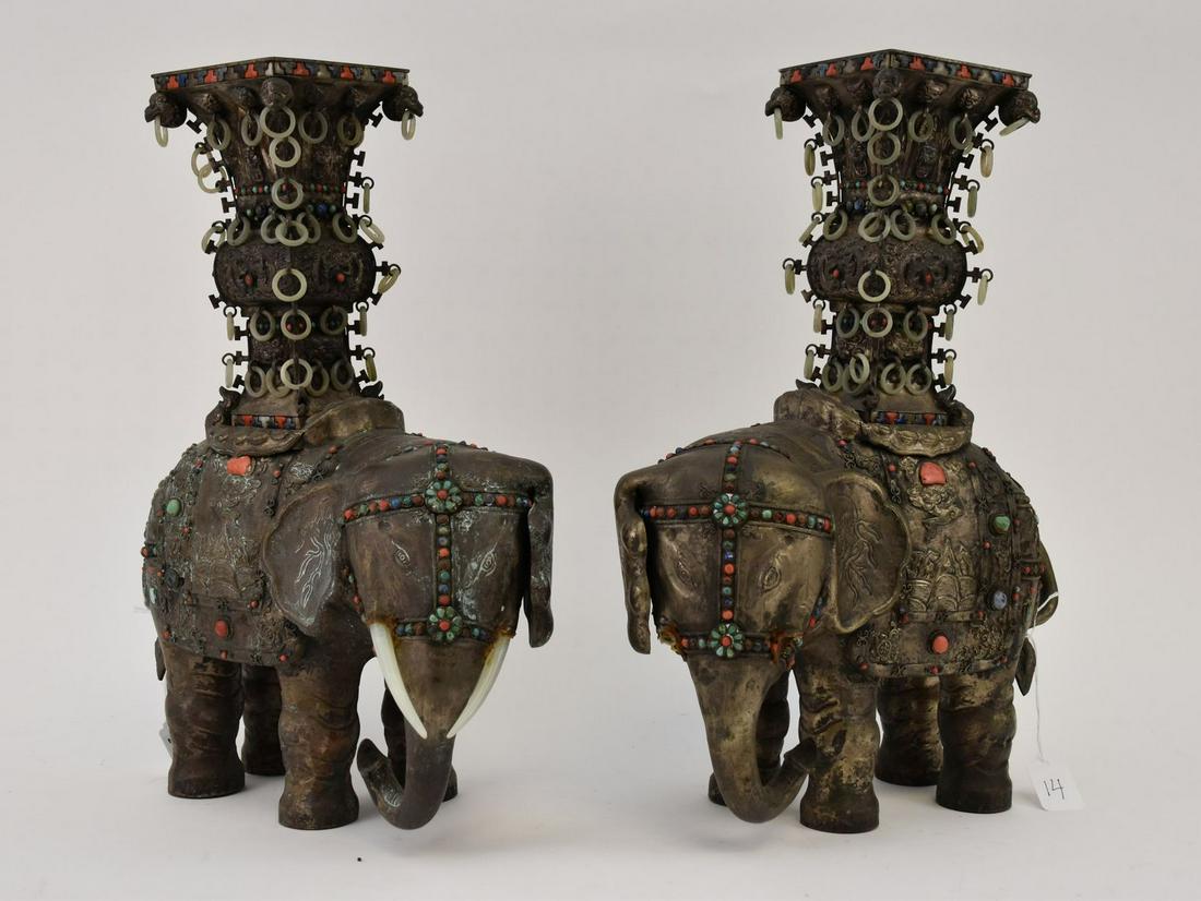 Pair Chinese Patinated Metal Elephants with Semi-Precious Stone Inlay - Each elephant has a: Pair Chinese Patinated Metal Elephants with Semi-Precious Stone Inlay - Each elephant has a removeable vase on back that is decorated with archaic mythical animal figures, jade rings and inlaid stones