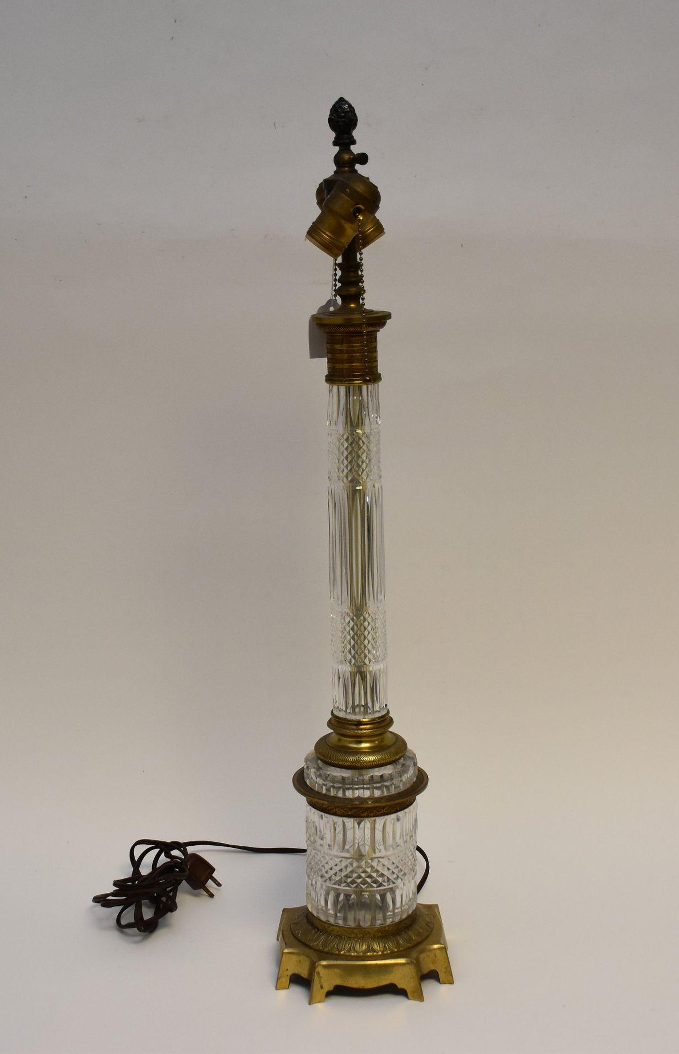 ANTIQUE BACCARAT CRYSTAL & GILT METAL COLUMN FORM LAMP.  Condition: working, no damage identified, (1 of 9)