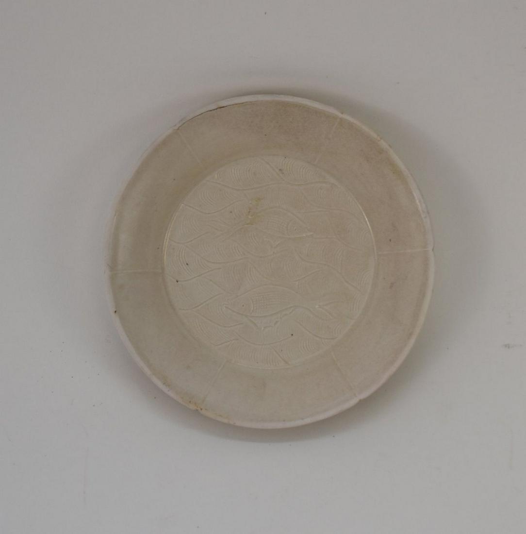Chinese Ding Ware Fish Motif Porcelain Dish - A cream white glazed dish of fine thin porcelain with (1 of 5)