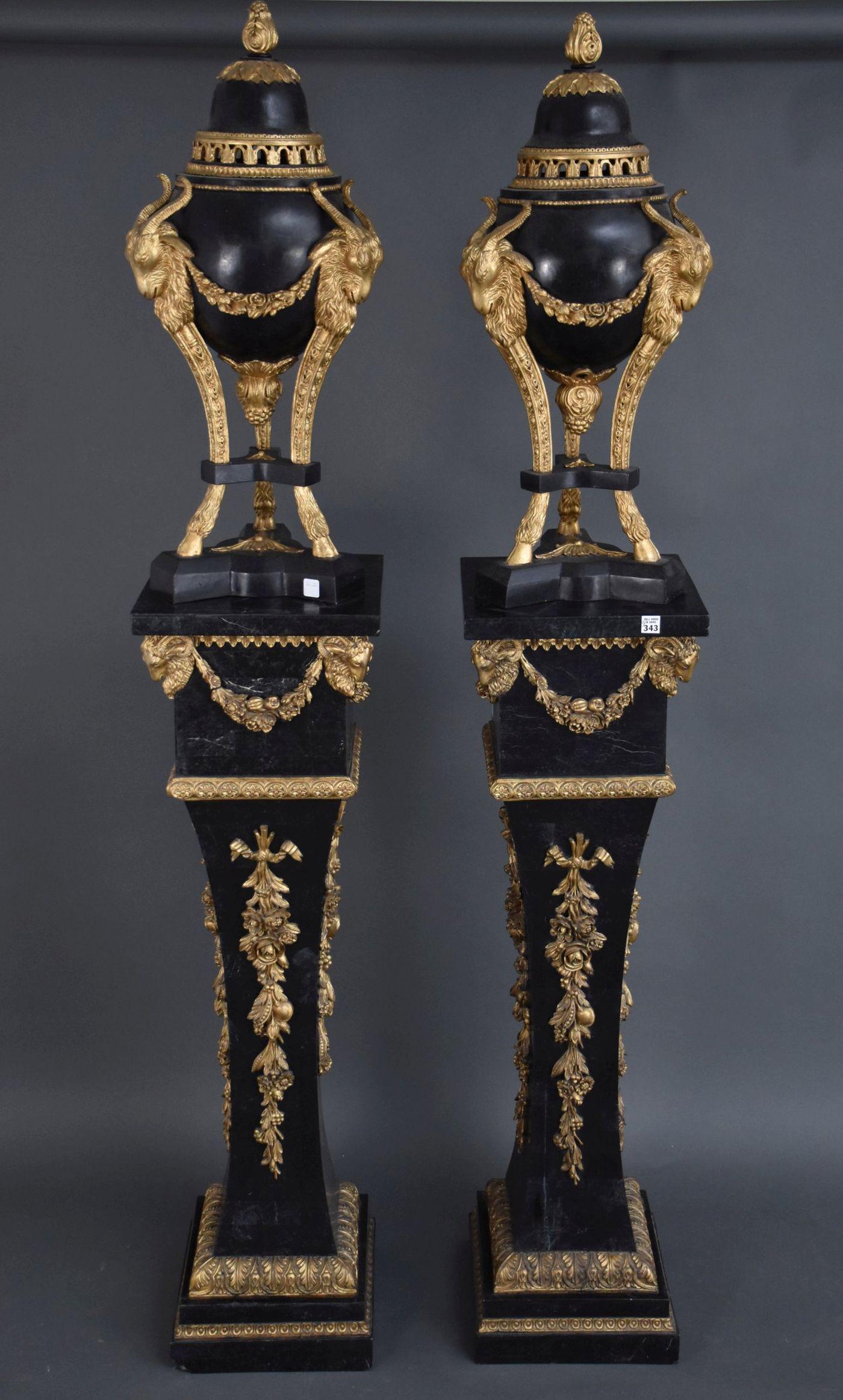 Pair Black Stone Urns with Gilded Ram Heads (32"h) AND Pair Black Stone Pedestals with Gilded Ram (1 of 10)
