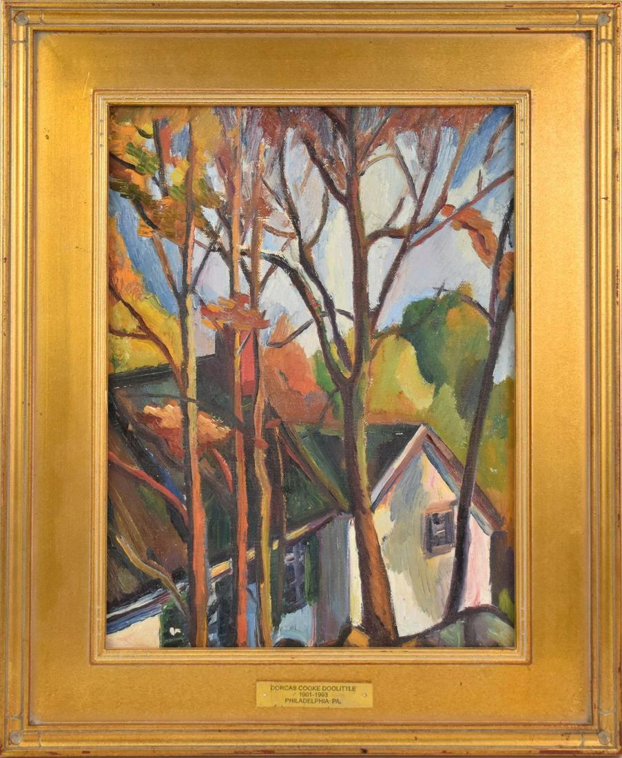 Dorcas Cooke Doolittle (American 1901 - 1993) oil on board, House in the Tree's,. Ca 1925. 16 x 12 (1 of 8)