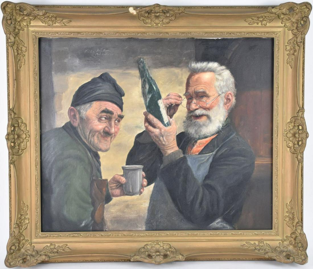 German School, signed Fritz Muller, oil on canvas, Old Men Drinking. canvas 19-3/4 x 23-3/4 inches (1 of 5)