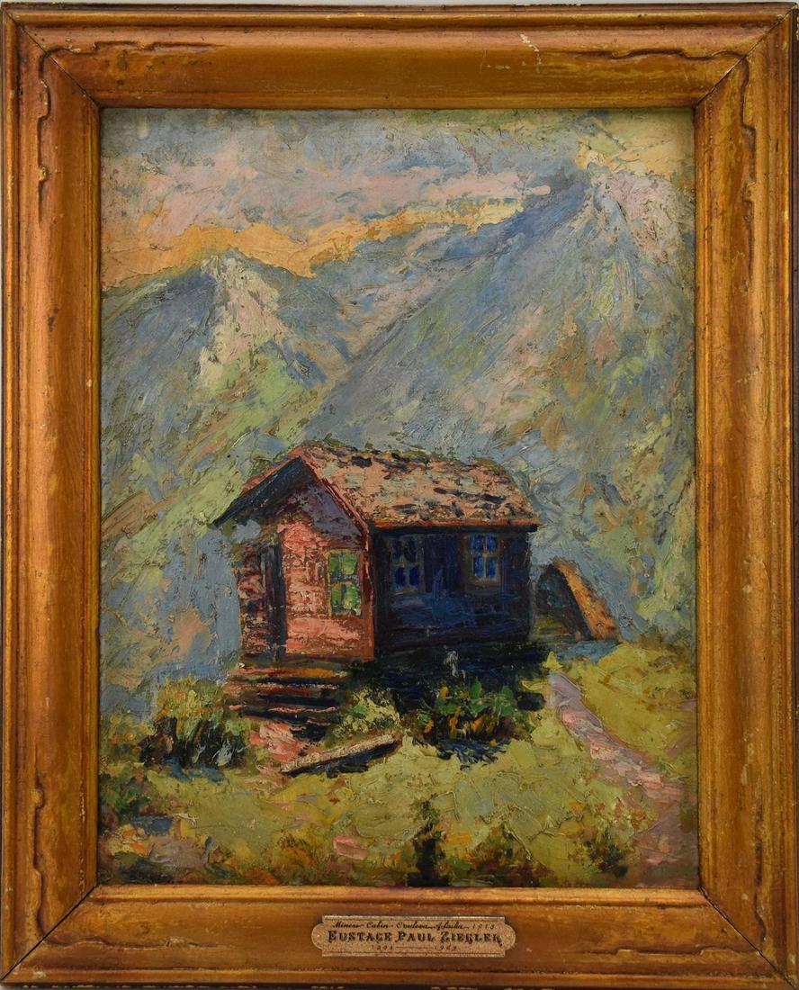 Eustace Paul Ziegler (American 1881 - 1969) oil on board,  Miners Cabin- Alaska ca. 1918. Painting (1 of 8)