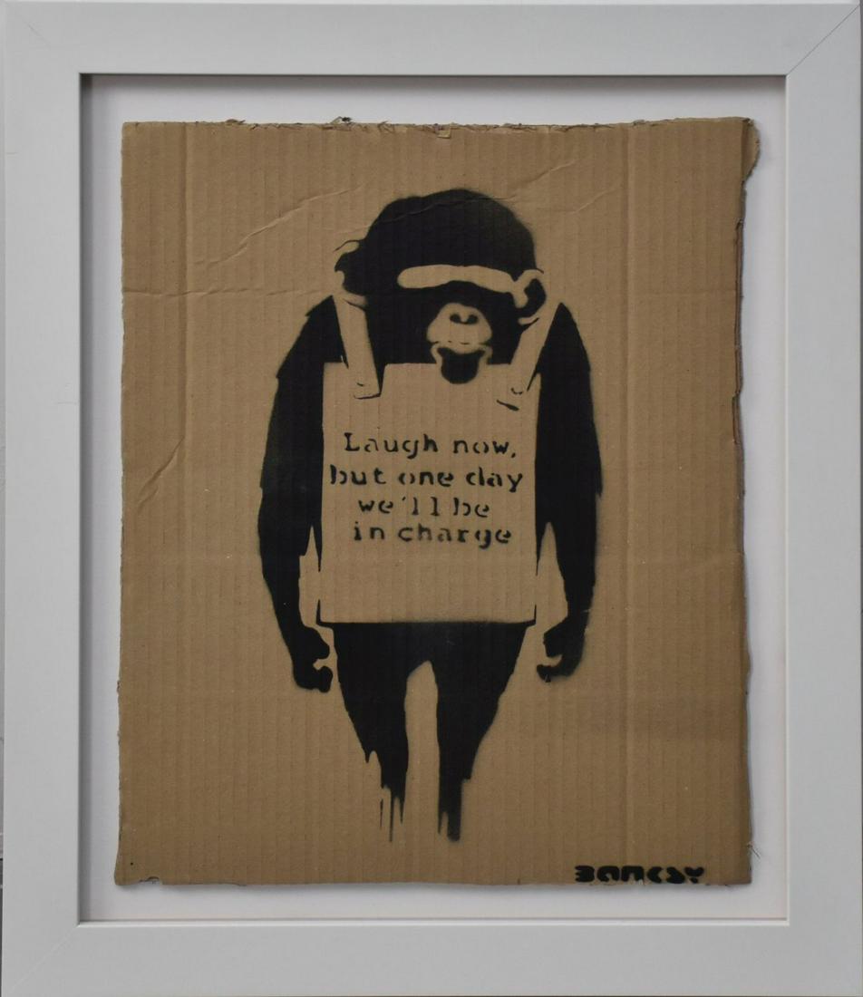 BANKSY " LAUGH NOW " STENCIL ON CARDBOARD, cardboard 17 x 13 inches.  Overall framed 22 x 18 inches (1 of 5)