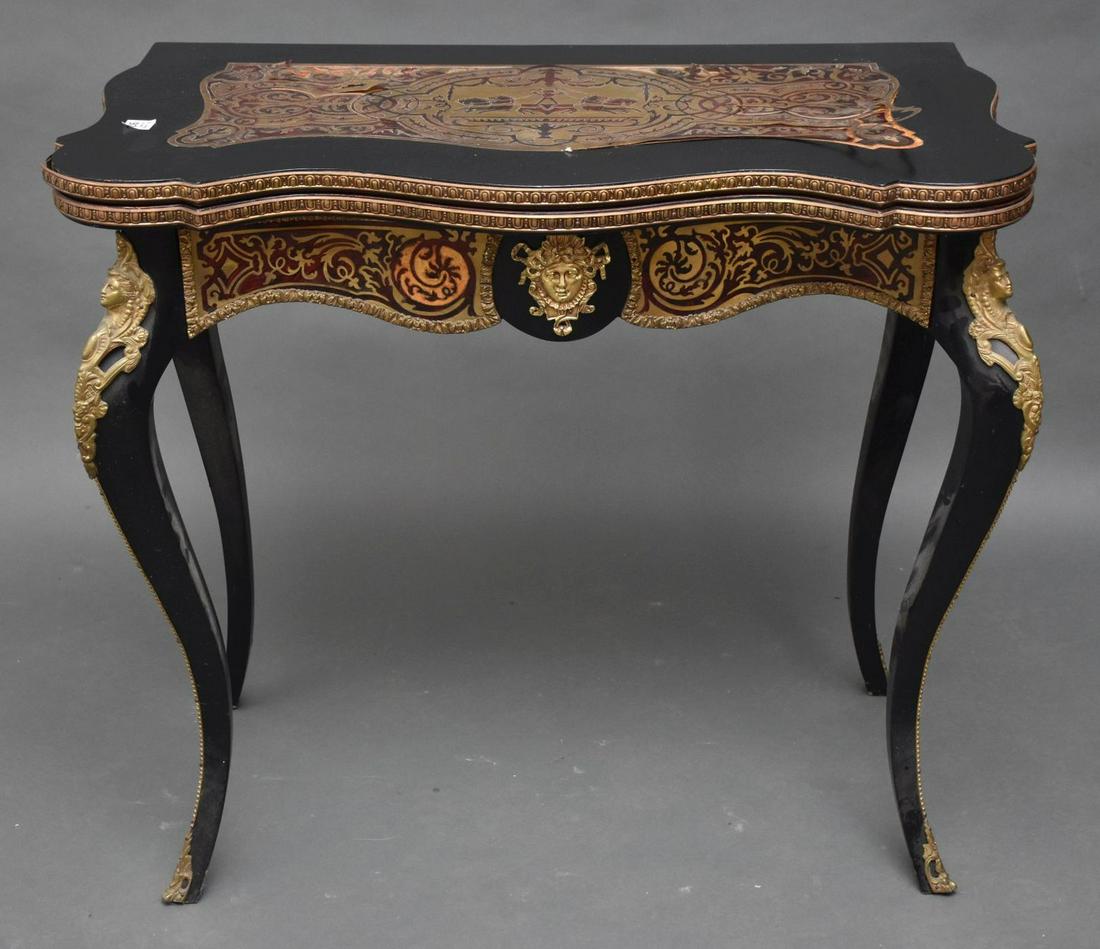 French Boulle Louis XV Style Game Table, Late 19th Century, With flip top in green felt. Stays open (1 of 9)