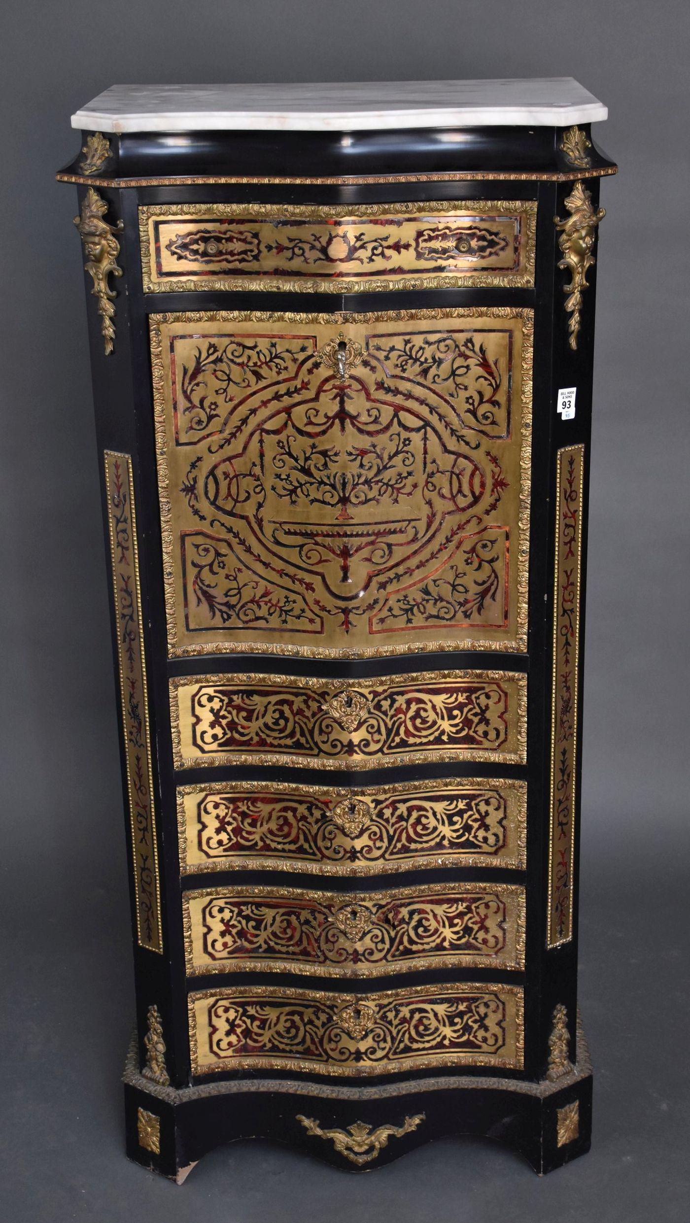 French Boulle Secretaire Abattant with White Marble Top, Late 19th Century, Serpentine front with (1 of 9)