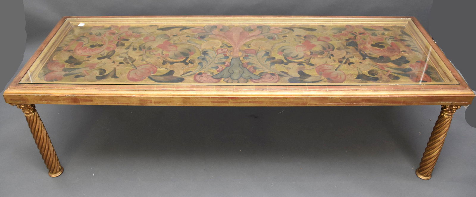 Venetian Gilded Coffee Table, Painted Surface Under Glass on Rope Turned Legs, 21"h x 71"w x 25"d (1 of 9)