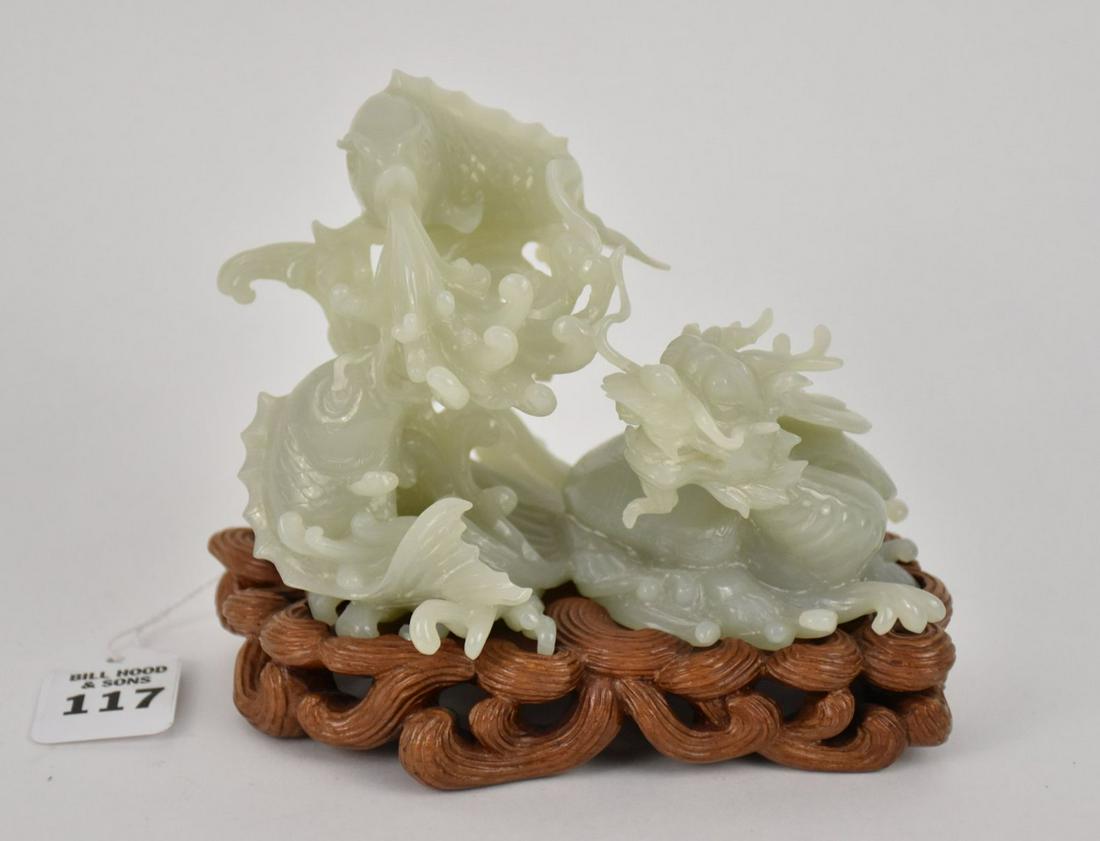 Chinese Jade Carving of Dragon Turtle and Koi - a light green jade carving of a dragon turtle (1 of 5)