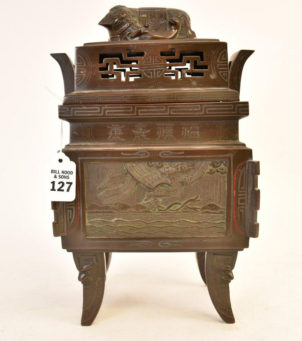 Chinese Bronze and Mixed Metal Incense Burner with Cover - 20th Century. The rectangular vessel with (1 of 3)