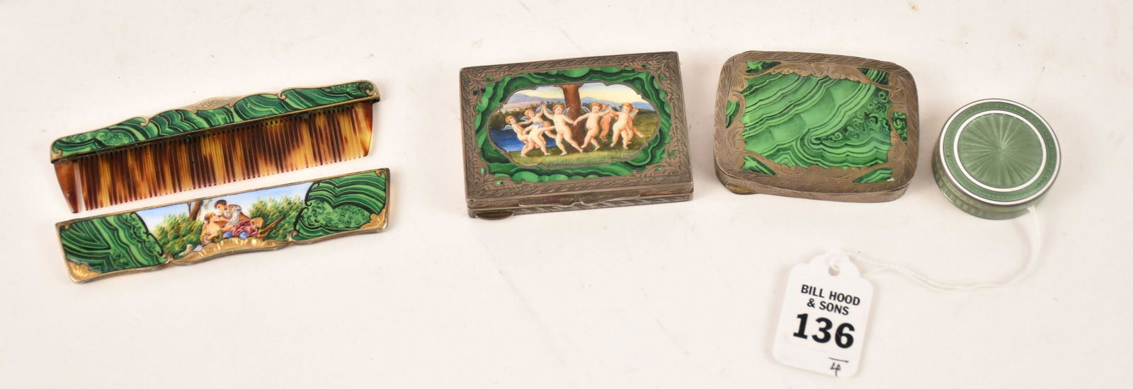 TIFFANY & CO Sterling & Guilloche Pill Box w/ Three Italian Malachite Enamel Vanity Items - A green (1 of 6)