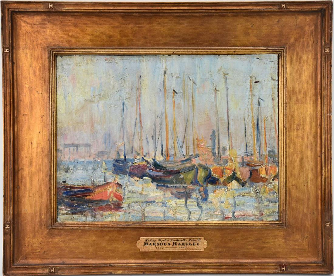 Attributed to Marsden Hartley (American 1877 - 1943) oil on board, Sailboats in Harbor ca. 1910. (1 of 12)