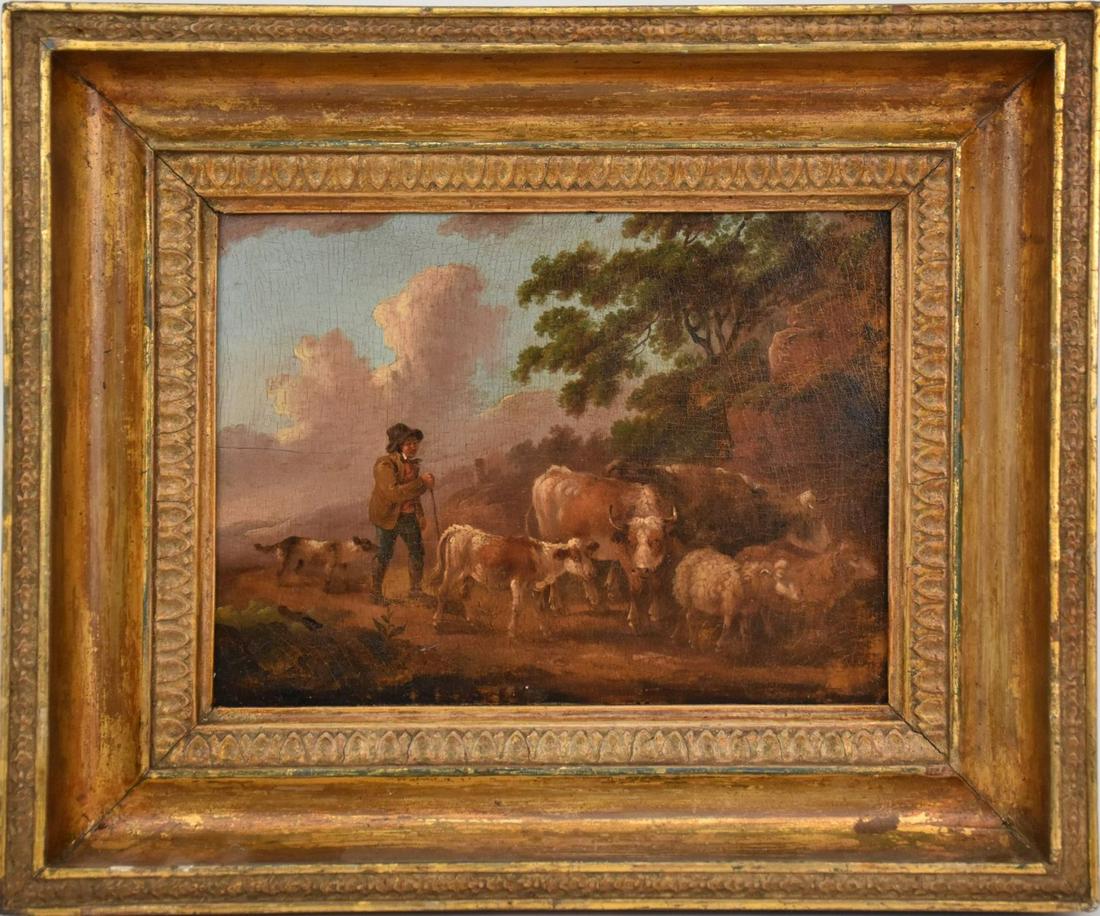 Manner of Thomas Barker of Bath (WELSH, 1769–1847) oil on panel, Landscape/Pasture with animals and: Manner of Thomas Barker of Bath (WELSH, 1769–1847) oil on panel, Landscape/Pasture with animals and herdsman, in early 18/19th Century Frame, panel size 8-1/4 x 11-1/2 inches