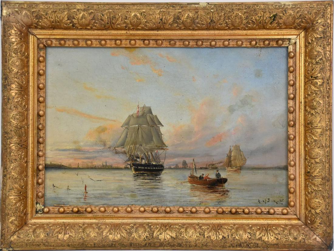 Circle of Christian Blache 1838-1920, Danish Frigate Jylland, signed illegibly. Oil on board 10-1/4: Circle of Christian Blache 1838-1920, Danish Frigate Jylland, signed illegibly. Oil on board 10-1/4 x 15-3/4 inches