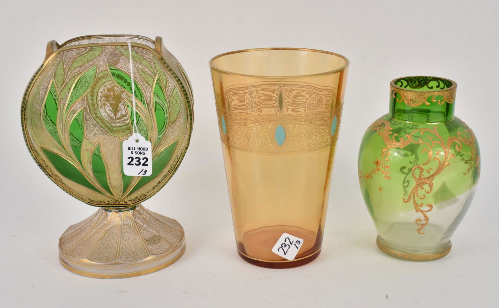 Three MOSER Enameled Decorated Glass Vases - 20th Century. Comprising: A)One footed shaped vase with (1 of 4)