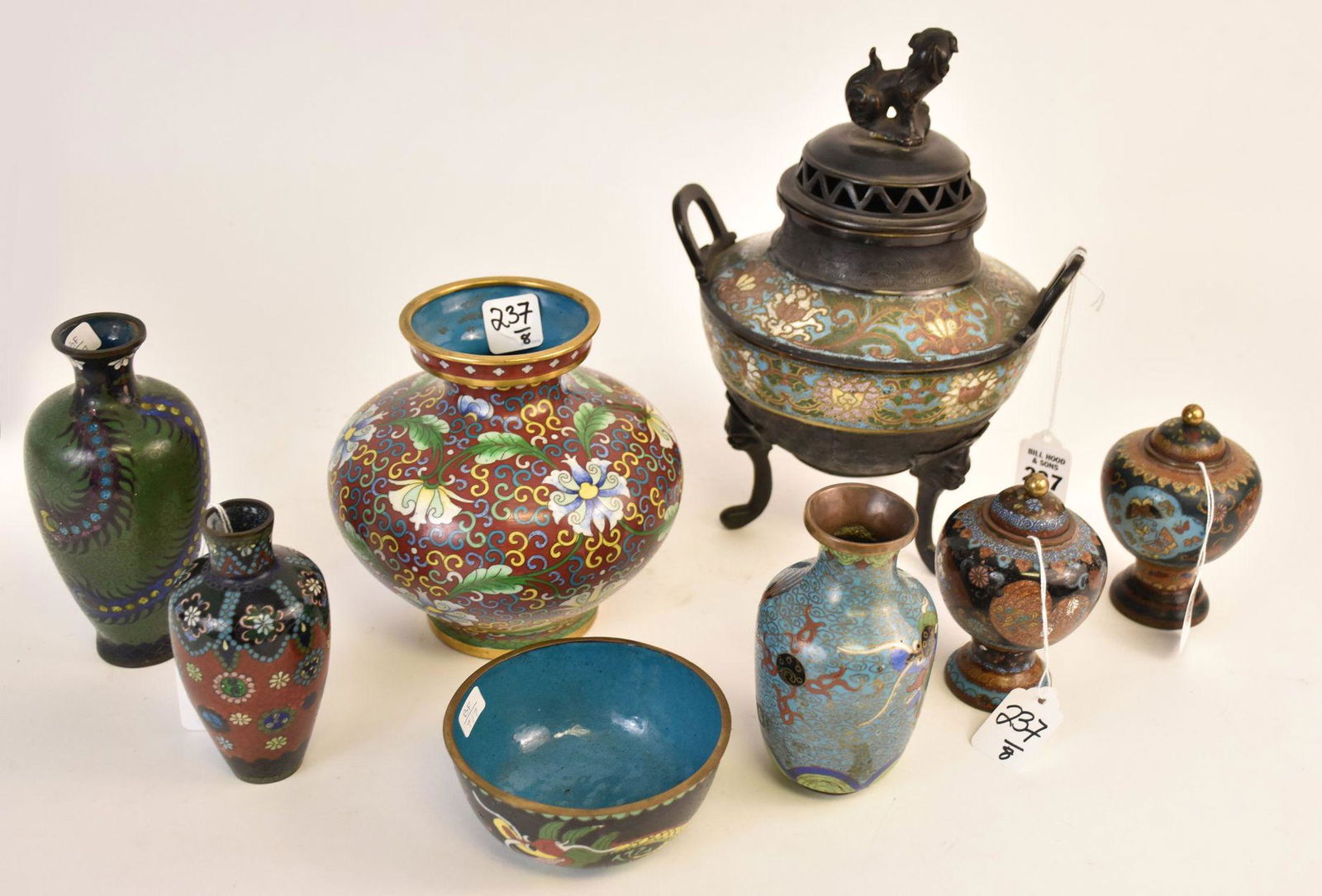 Collection of Eight Chinese Cloisonné and Champlevé Vessels - Comprising: A). Large incense burner (1 of 9)