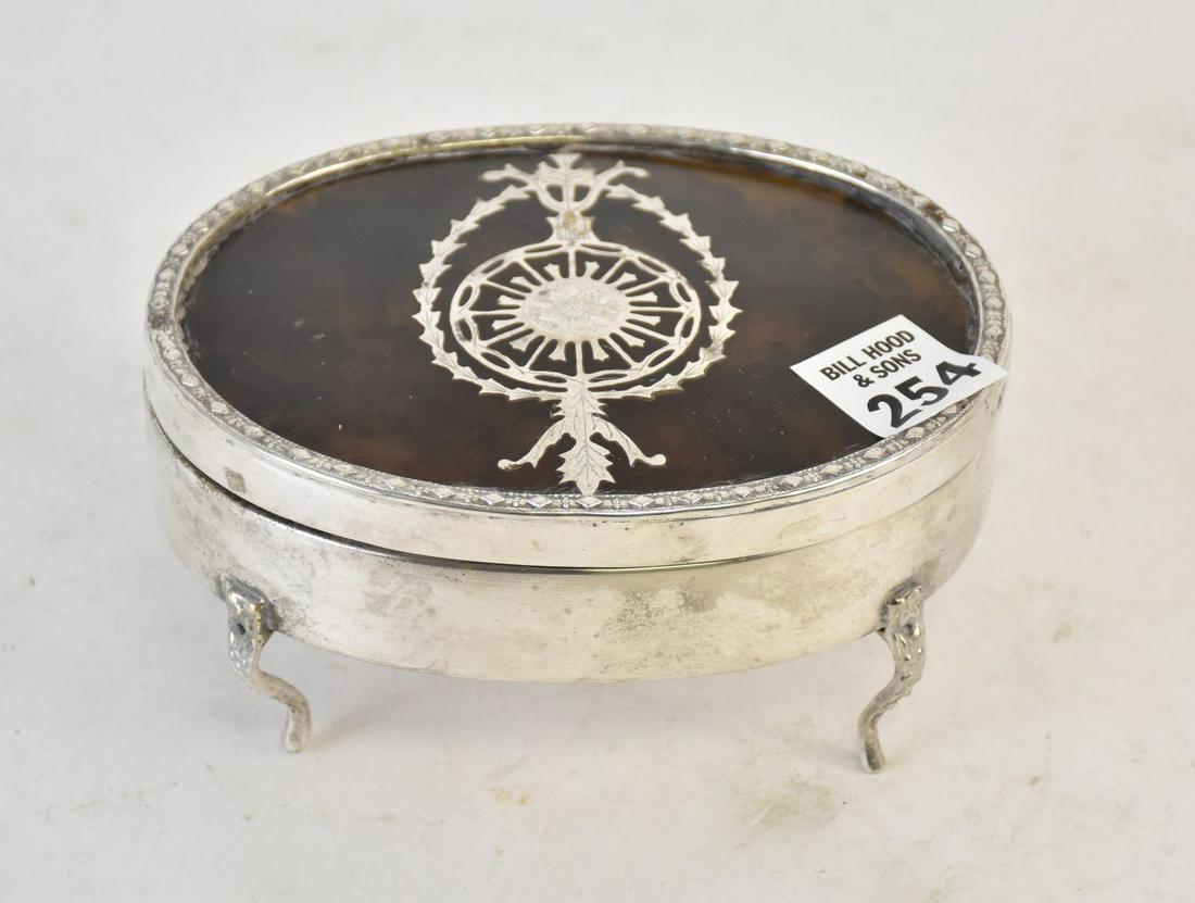 Late Georgian silver-plated dresser box with silver inset motif on oval tortoise shell lid. The box (1 of 5)