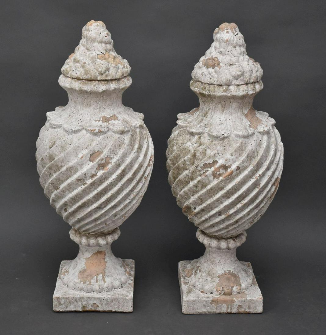 Pair of Large Vintage Terracotta Garden Urns with Covers. Decorated with grape motif and square (1 of 6)