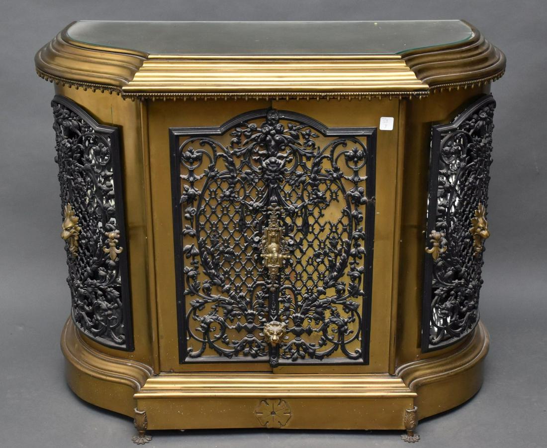 Brass & Fancy Iron Work Console, Double Doors in Center Flanked by Single Door with Shelf Interior, (1 of 7)
