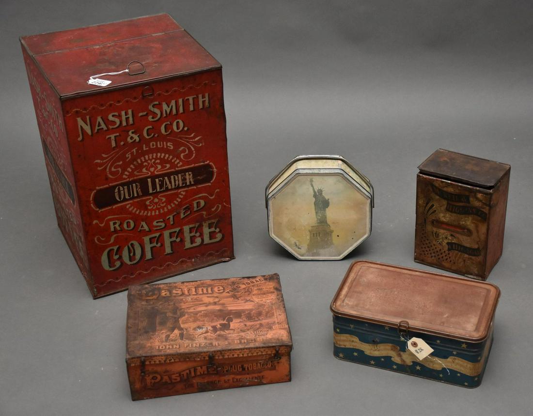 Collection of American Advertising Tins, Nash & Smith Coffee (19 1/2"h) Great Color and 4 Misc. Tins (1 of 16)