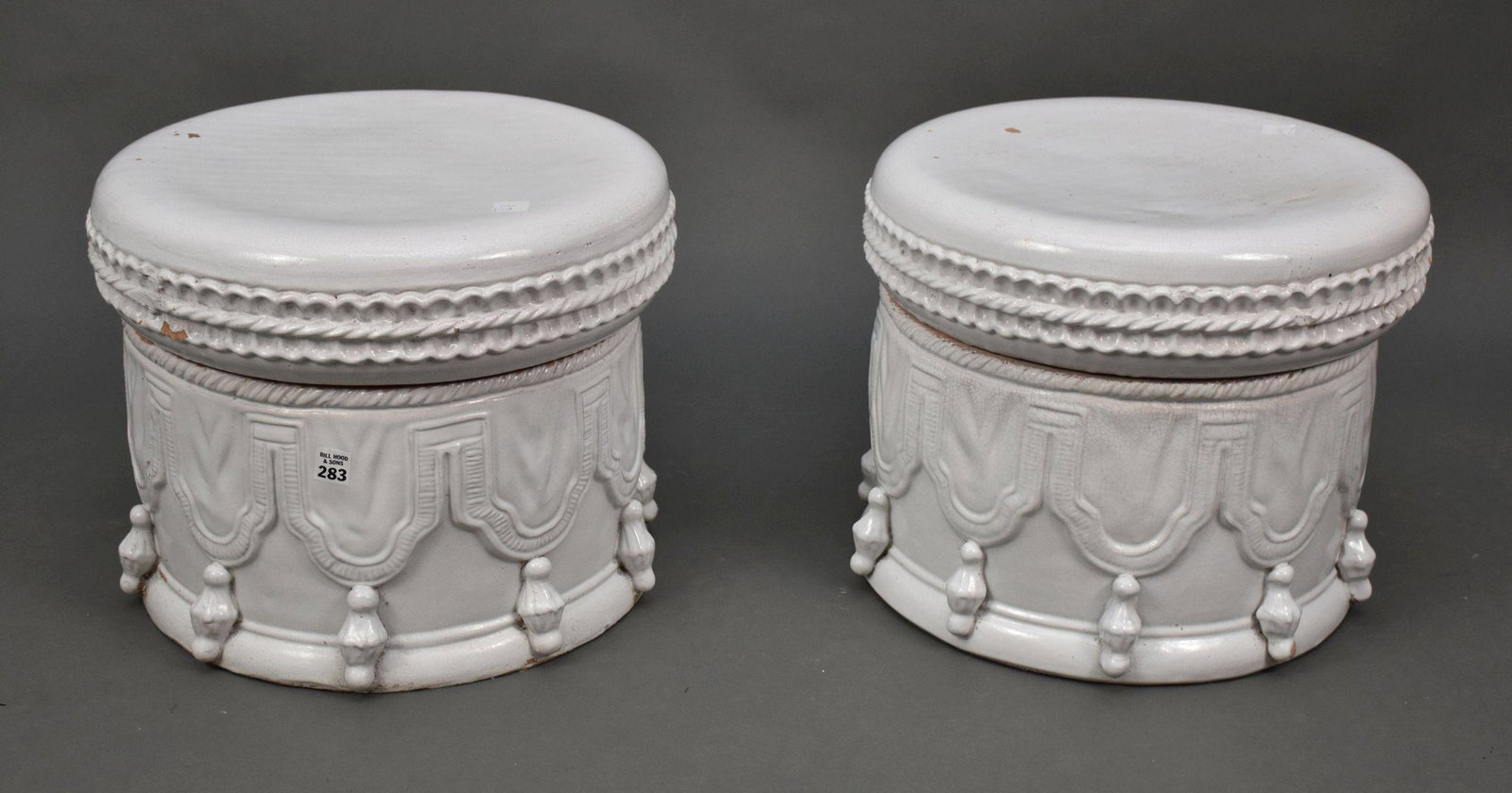 Pair White Pottery Garden Seats, Tassel Motif, With Lids, No Bottoms, 12"h x 16"dia: Pair White Pottery Garden Seats, Tassel Motif, With Lids, No Bottoms, 12"h x 16"dia
